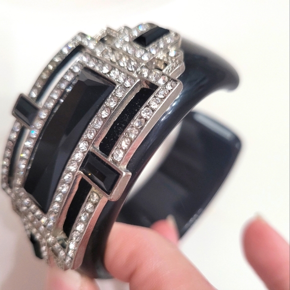 Statement Black & Silver Rhinestone Cuff Bracelet Art Deco Glam - Picture 4 of 9